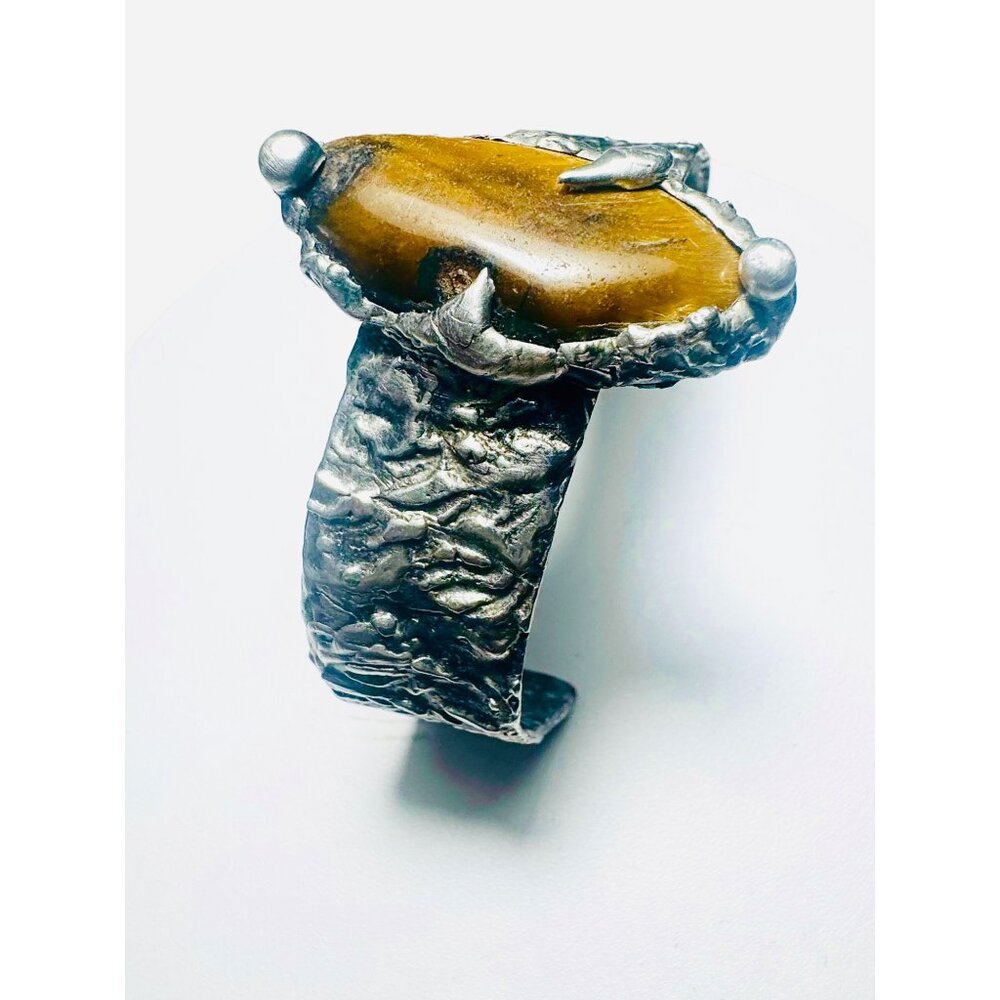 Handcrafted Brutalist Silver Bracelet W Tigers Eye Cabochon Stone Adjustable Fit - Picture 9 of 14